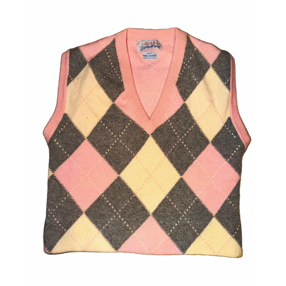 Vintage Ballantyne 100% Cashmere Sweater Vest Pink Argyle Scotland V Neck
